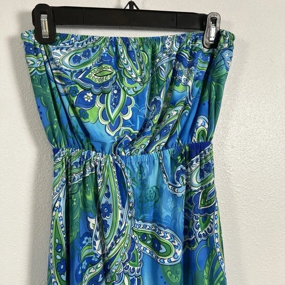 Cristina Love Blue Green Paisley Strapless High-Low Maxi Dress Womens XL - Picture 2 of 10